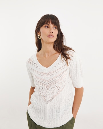 Ivory Crochet V Neck Short Sleeve Jumper