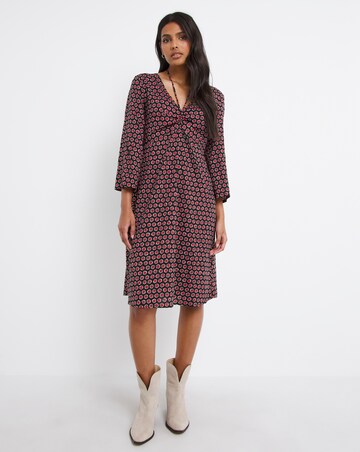 Geo Print Ruched Tie Neck A-Line Dress