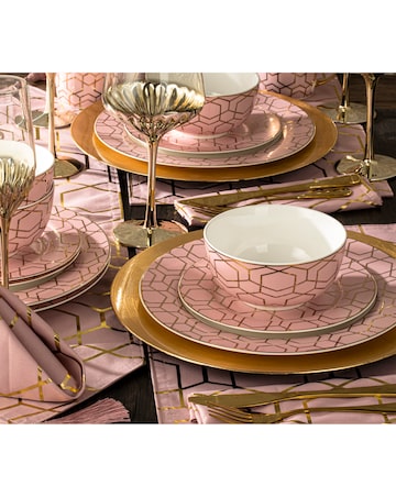 Waterside 9 Piece Tallulah Pink & Gold Geo Table Runner, Placemat & Napkin Set