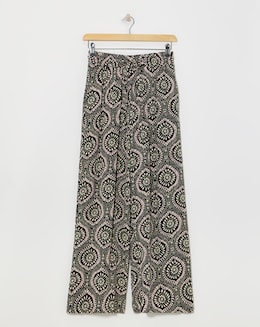 Mono Print Crinkle Shirred Waist Wide Leg Trousers