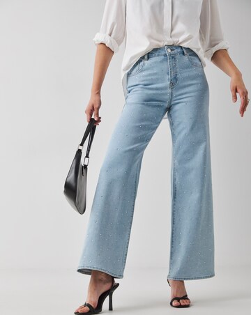 Mid Blue Embellished Wide Leg Jeans