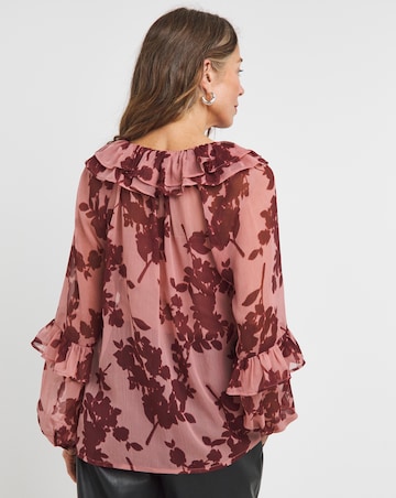 Womens Sheer Ruffle Detail Long Sleeve Blouse - Floral