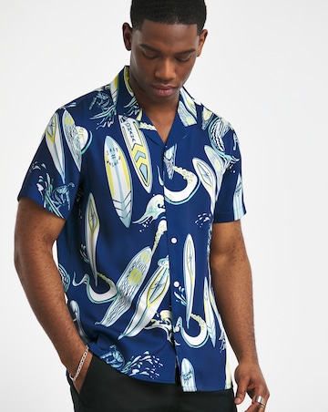 Surf Board Print Short Sleeve Cuban Collar Shirt