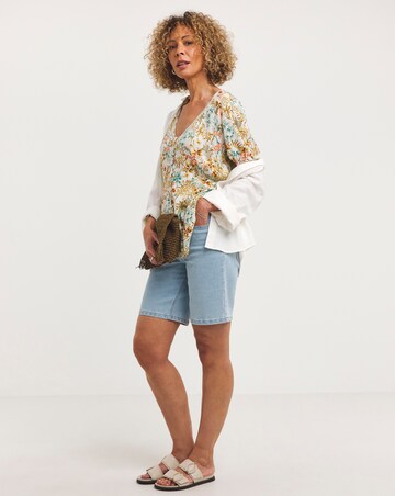 Multi Floral Short Sleeve Button Front Ladder Trim Crinkle Top