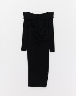 Long Sleeve Ruched Bardot Midi Dress