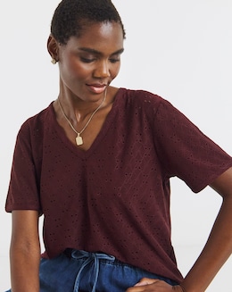 Berry V-Neck Broderie T-Shirt