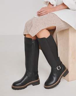 Apollo Knee High Elasticated Boots Buckle Detail - Wide Fit (E) &amp; Curvy Calf