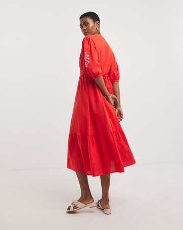 Linen Mix Embroidered Midi Dress With Tassel Neck Tie