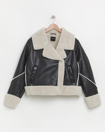 Black Faux Shearling Oversized Collar Aviator