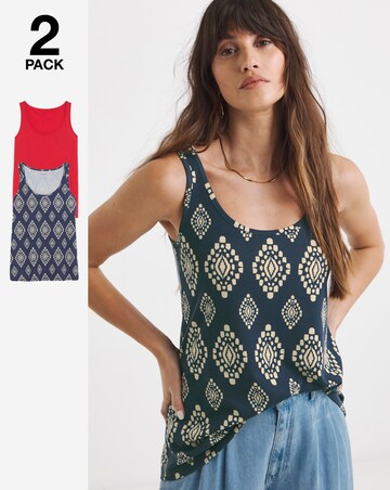 Pure Cotton Print/Red 2 Pack Sleeveless Swing Vests