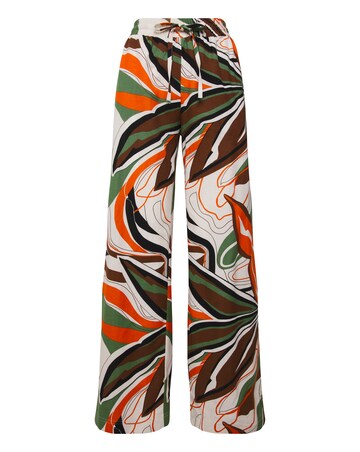 Tropical Green Print Linen Mix Wide Leg Trousers