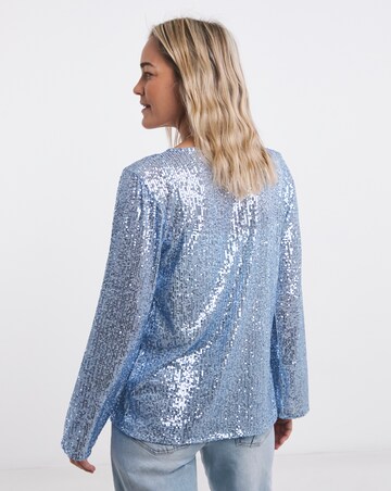Blue Sequin Tie Front Cardigan