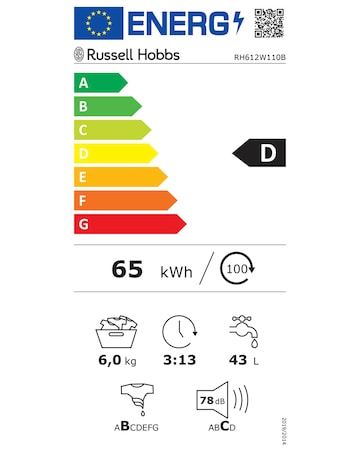 Russell Hobbs RH612W111B, 6Kg, 1200rpm, Washing Machine - Black