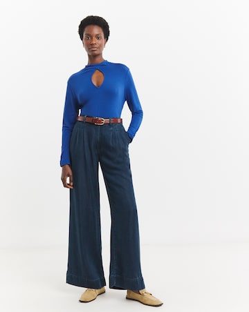 Blue High Neck Long Sleeve Cut Out Detail Top