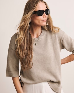 Anthology Stone Linen Mix Short Sleeve Jumper