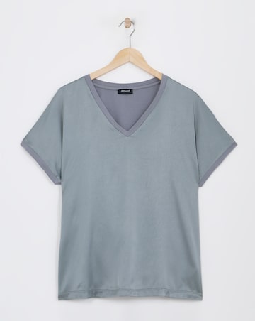 Grey V Neck Satin Front Top