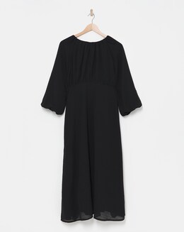 Black Textured Puff Sleeve Tie Back Smock Dress