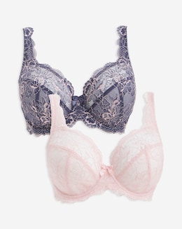 Pretty Secrets 2 Pack Ella Lace Full Cup Wired Bras B-J - Navy/Pink
