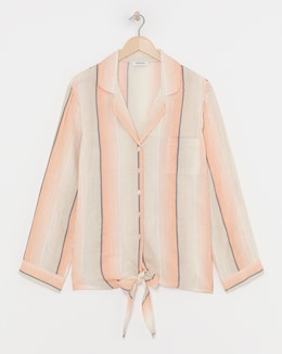 Stripe Button Through Tie Waist Cotton Cheesecloth Lounge Set