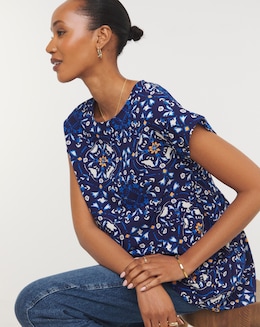 Womens Short Sleeve Smock Top - Blue Print