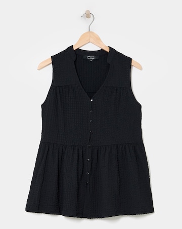 Black Textured Tie Neck Button Front Top