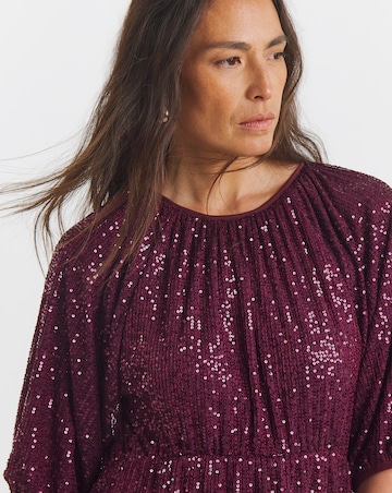 Linear Sequin Puff Sleeve Midi Dress