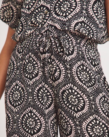 Mono Print Crinkle Shirred Waist Wide Leg Trousers