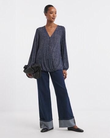 Printed Wrap Long Sleeve Bubble Hem Top