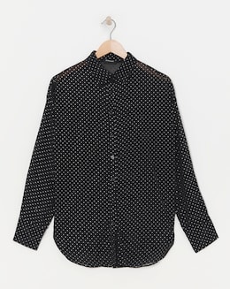 Womens Metallic Spot Chiffon Oversized Long Sleeve Shirt - Black