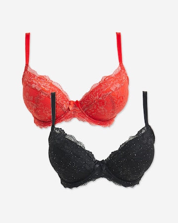 Pretty Secrets 2 Pack Ella Lace Padded Plunge Wired Bras B-J - Black Sparkle/Red