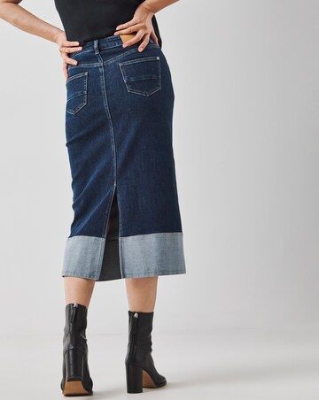 Raw Indigo Stretch Turn Up Midi Denim Skirt