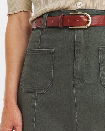 Khaki Pocket Front Denim Midi Skirt