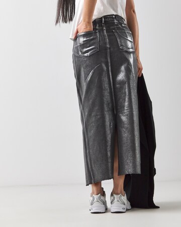 Silver on Black Metallic Coated Column Denim Skirt