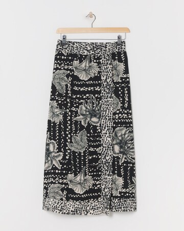 Border Print Linen Mix Midi Wrap Skirt