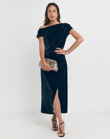 Velvet Asymmetric Neckline Midi Dress