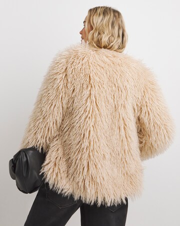 Cream Collarless Shaggy Faux Fur Coat