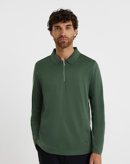 Folio Mercerised Supima Zip Long Sleeve Polo-Khaki
