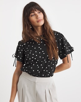 Pure Cotton Crew Neck Tie Sleeve T-Shirt