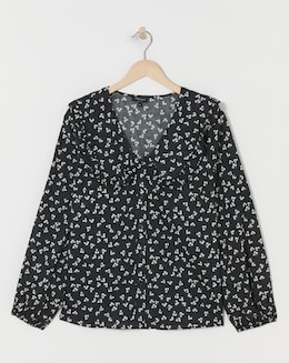 Womens Collar Detail Frill Button Through Blouse - Black Floral