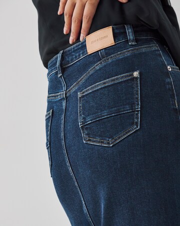 Raw Indigo Stretch Turn Up Midi Denim Skirt