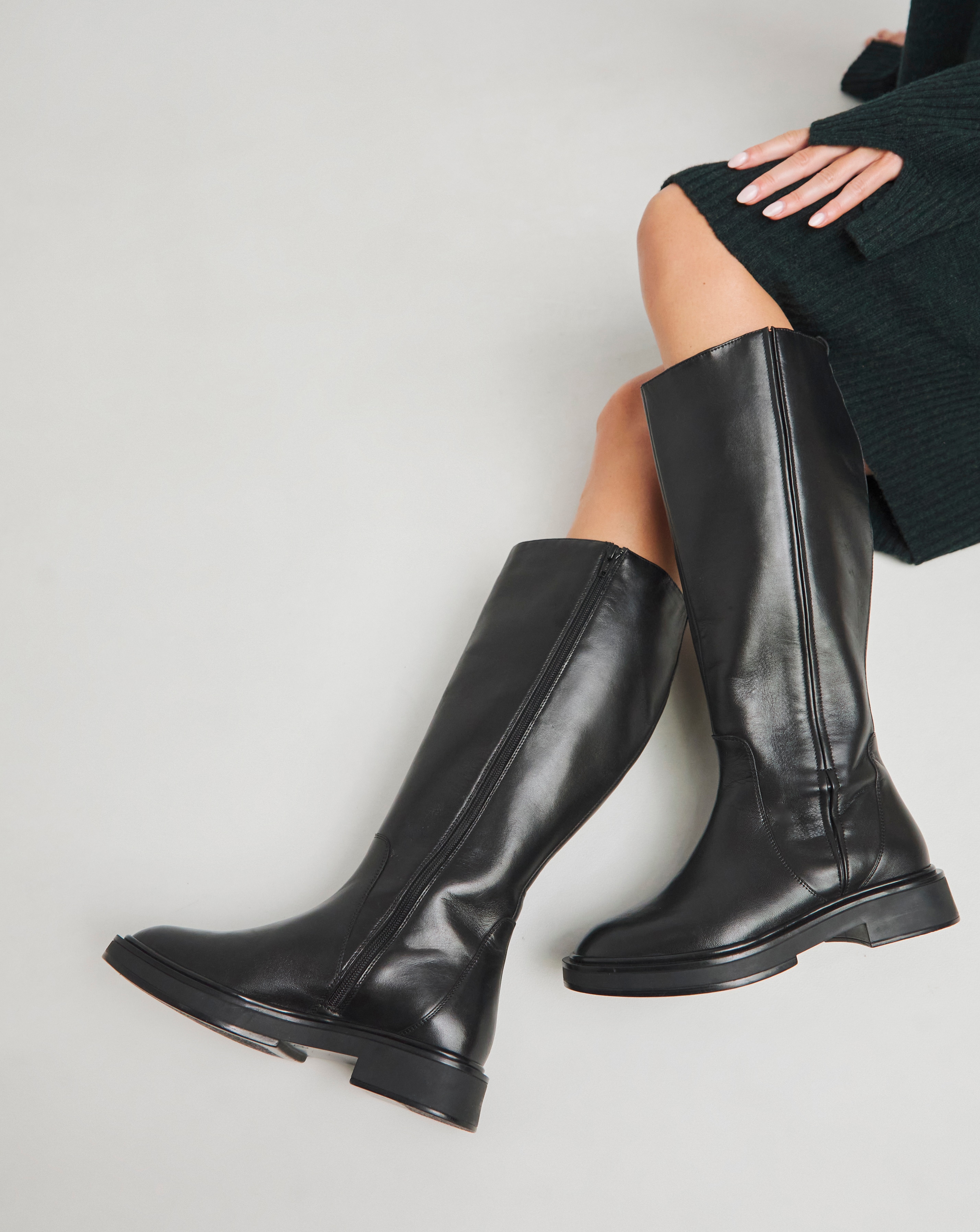 【WOOHWA】ARCHED SLIM BOOT-CUT Women's Black PU Leather Fold Over Shark Knee High Boot