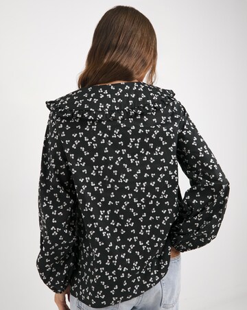 Womens Collar Detail Frill Button Through Blouse - Black Floral