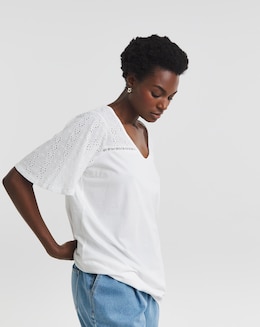 V-Neck Broderie Yoke and Sleeve Bubble Hem Top