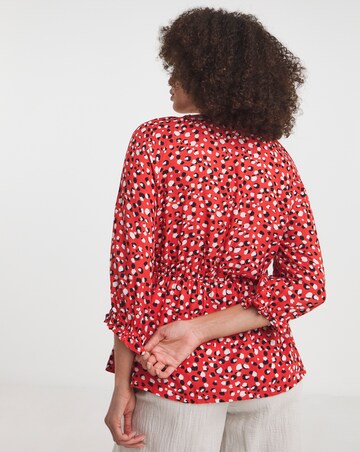 Red Print Shirred Bodice V Neck Top