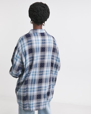 Womens Diamante Extreme Oversized Shirt - Blue Check