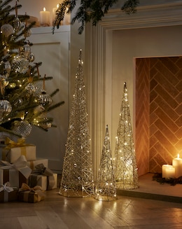 Set of 3 Gold Shimmer Light Up Cone Trees
