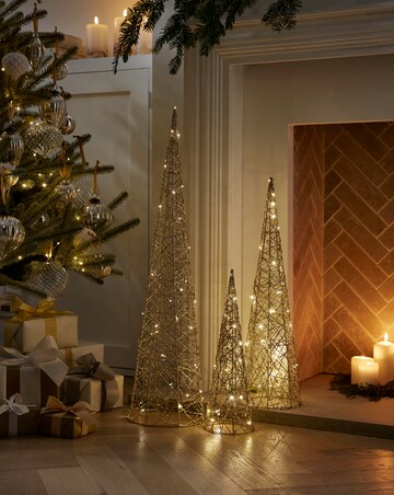 Set of 3 Gold Shimmer Light Up Cone Trees
