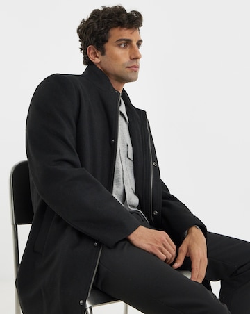 Black Wool Blend Mid Length Funnel Neck Coat