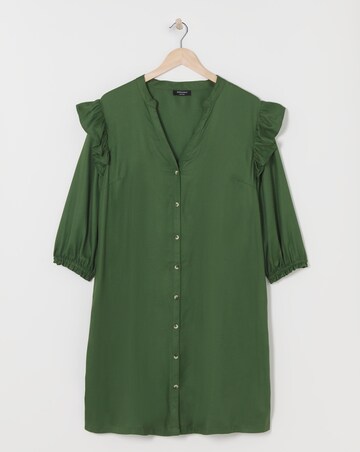 Green Viscose Twill Frill Shoulder Shirt Dress