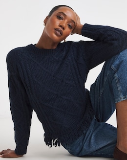 Navy Crew Neck Fringe Hem Jumper